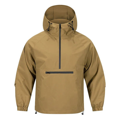 Tan jacket with a hood on a white background