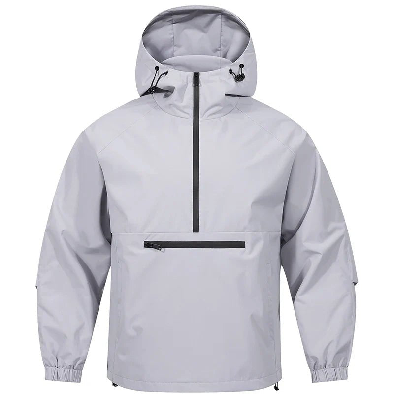Light gray hooded jacket with black zippers on a white background