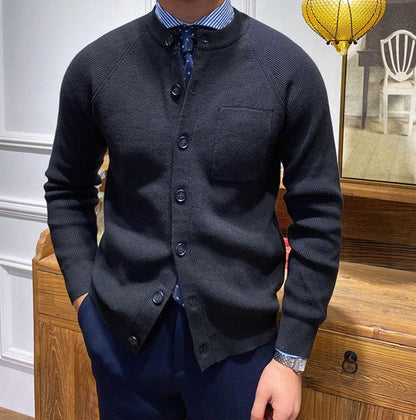 Zimowy Dopasowany Kardigan Dzianinowy z Okrągłym Dekoltem (Męski)