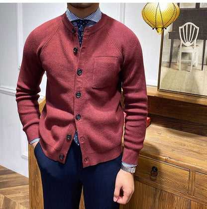 Zimowy Dopasowany Kardigan Dzianinowy z Okrągłym Dekoltem (Męski)