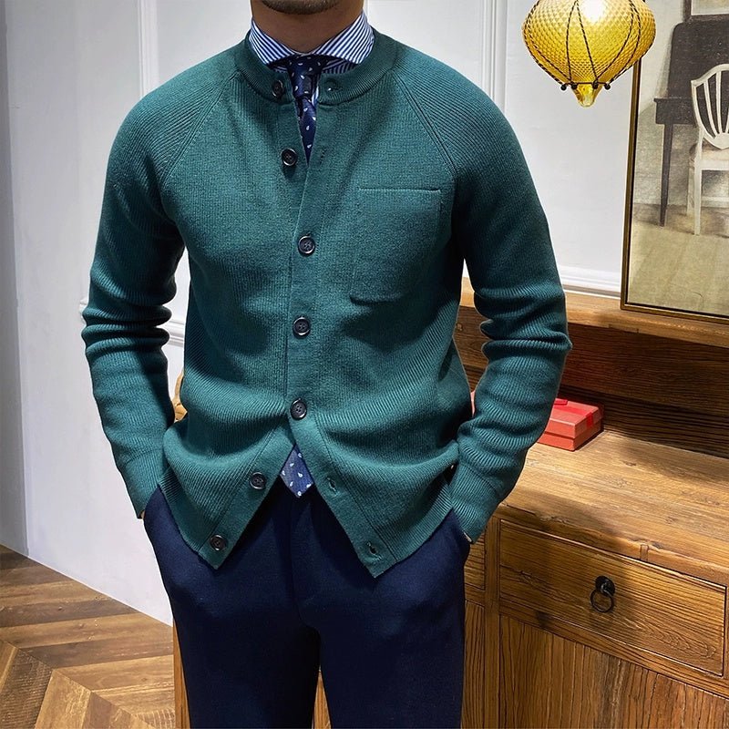 Zimowy Dopasowany Kardigan Dzianinowy z Okrągłym Dekoltem (Męski)