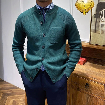 Zimowy Dopasowany Kardigan Dzianinowy z Okrągłym Dekoltem (Męski)