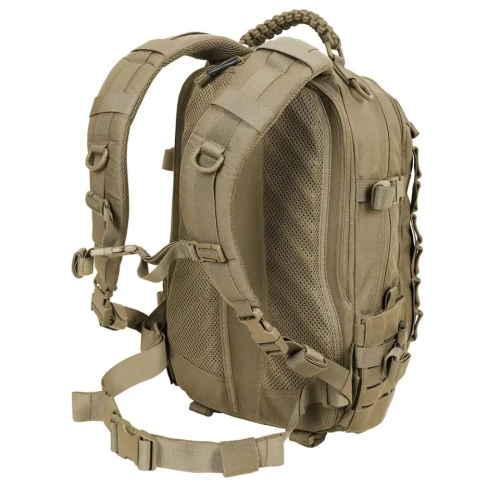 Tan tactical backpack on a white background