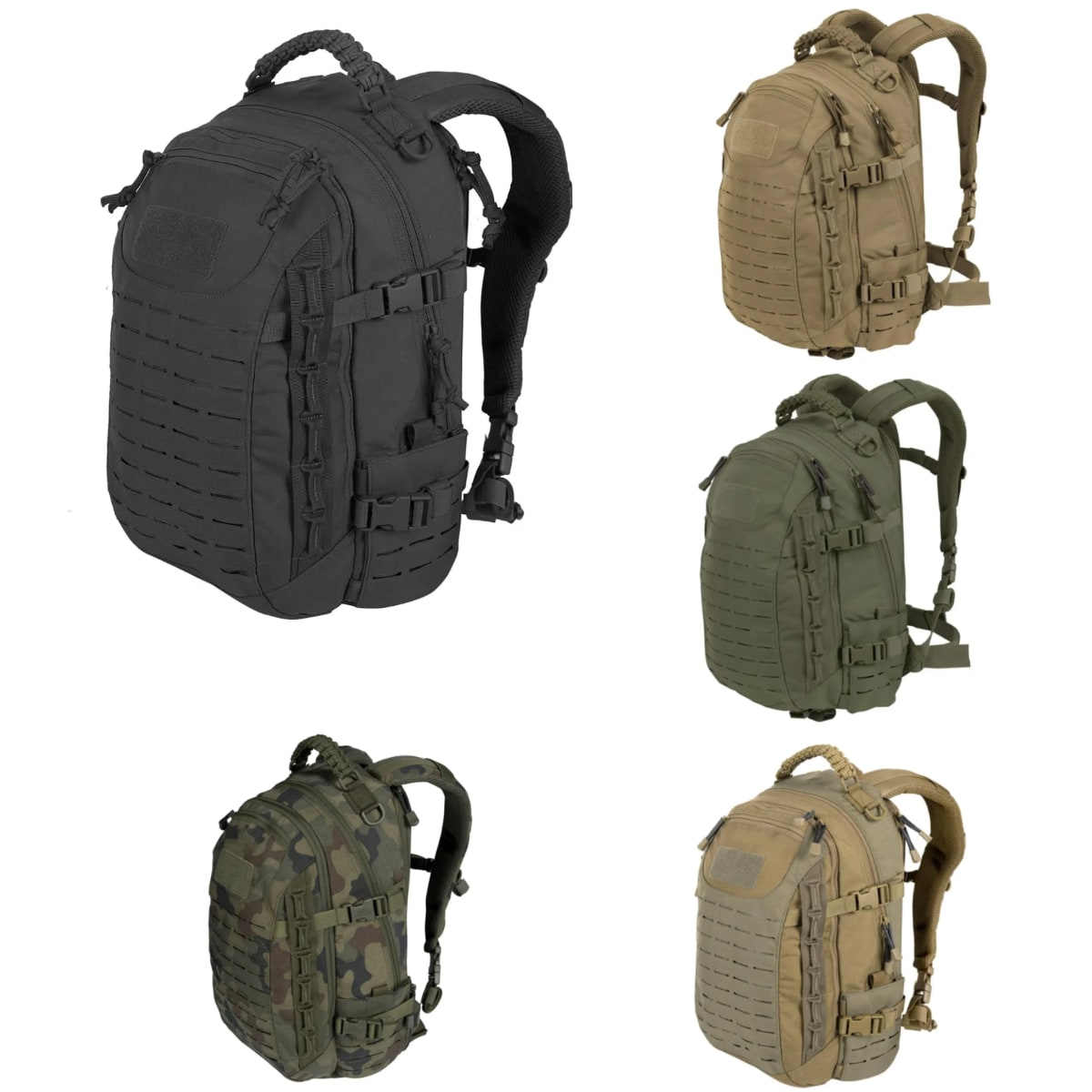 Five tactical backpacks in black, brown, green, and camouflage on a white background
