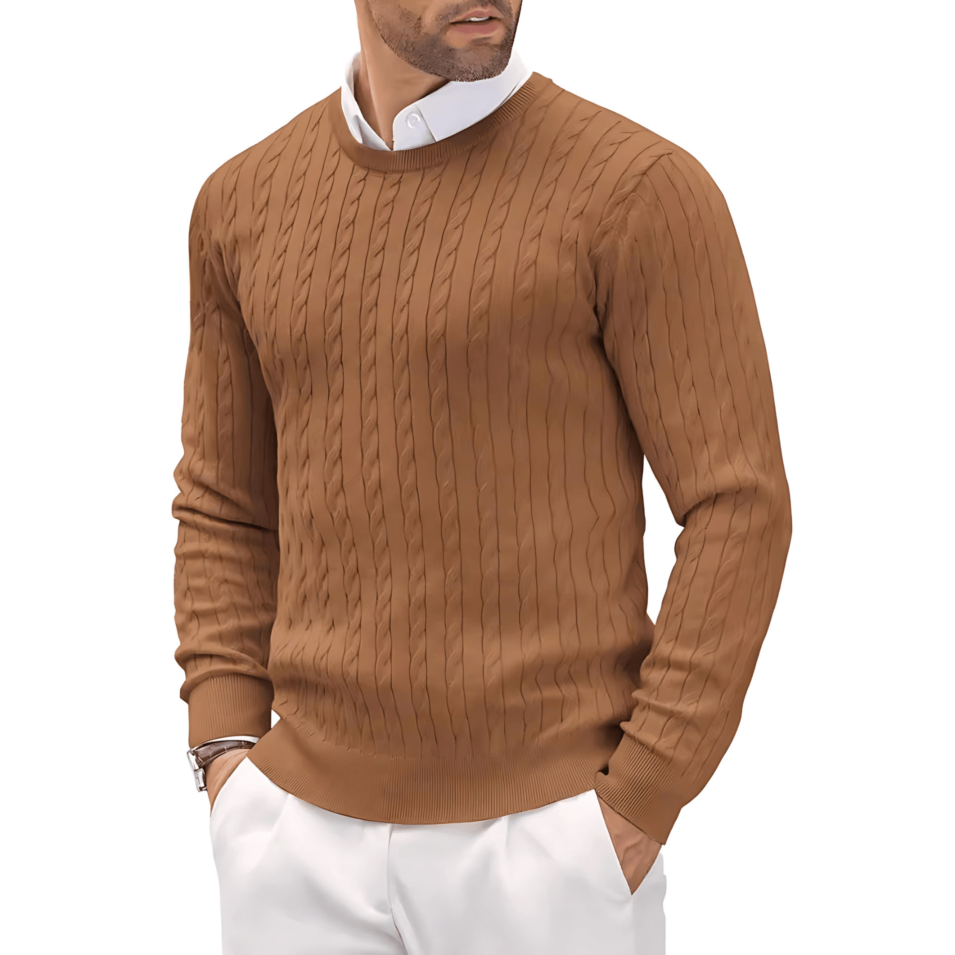Man wearing a brown cable knit sweater over a white shirt with white pants on a white background