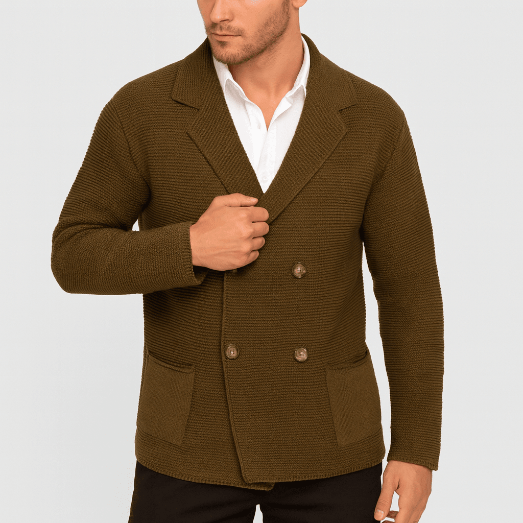 Brown blazer worn by a person on a light gray background