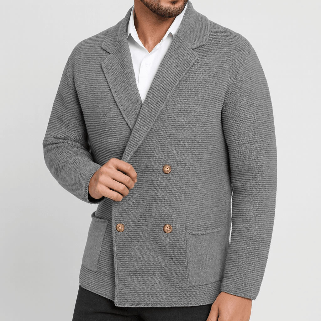 Gray blazer with gold buttons worn by a person on a light gray background