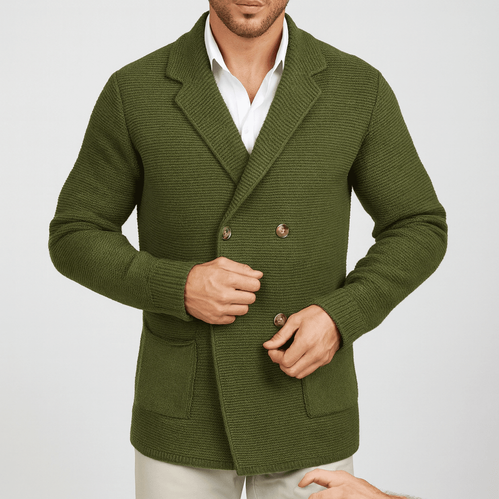 Green knitted blazer worn by a person on a white background