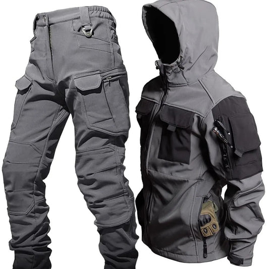 Gray tactical jacket and pants set on a white background