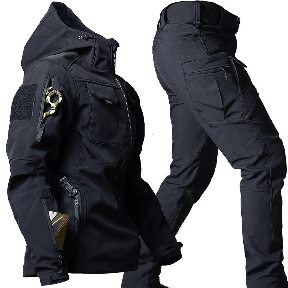 Black tactical jacket and pants on a white background